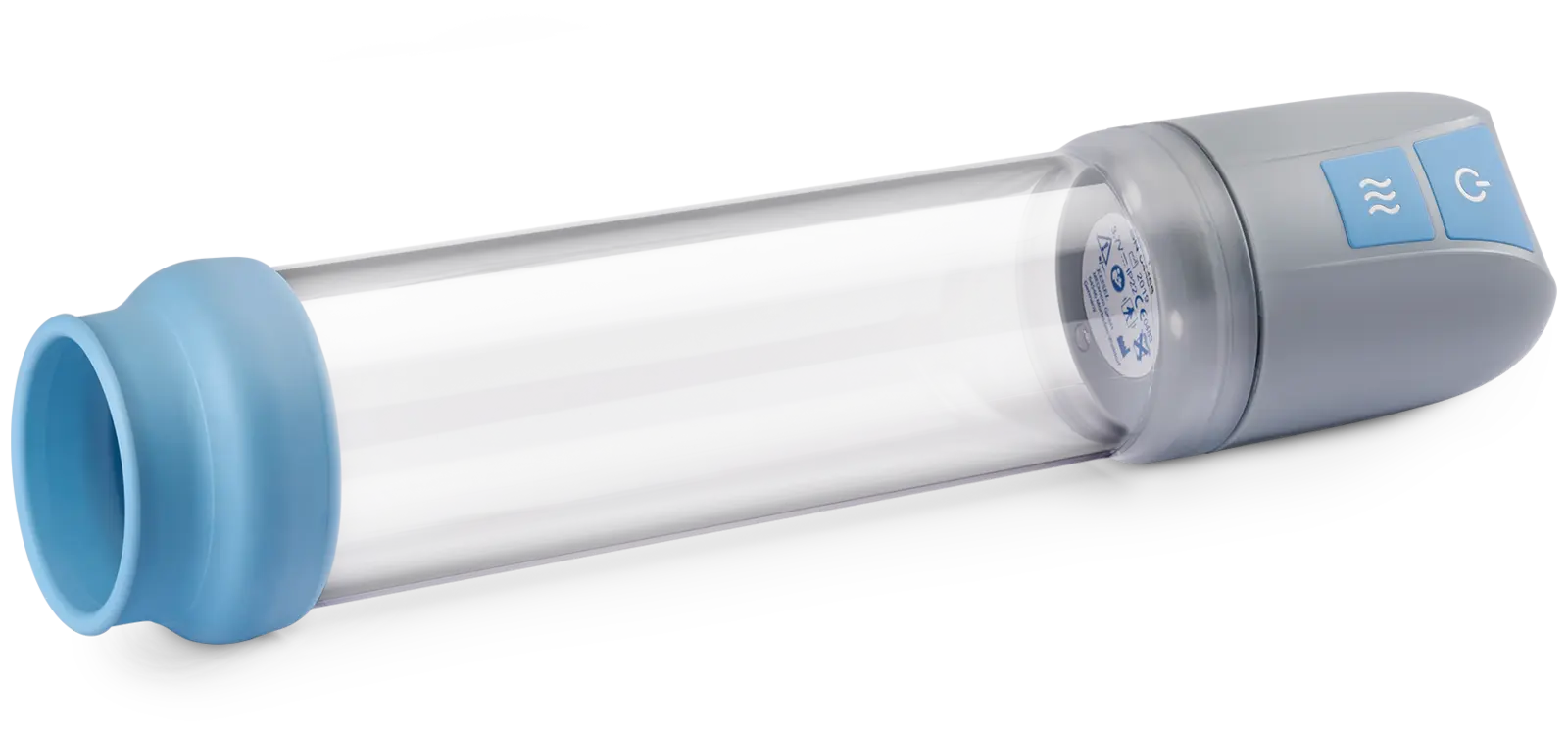 Active3® Erection System: transparent cylinder with electric pump head attached and blue silicone sleeve, side view